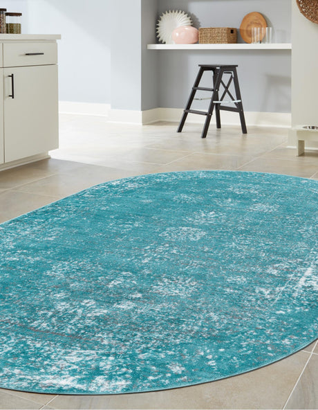 Turquoise 5' 3 x 8' Sofia Oval Area Rug Durable Easy Clean Stain Resistant Unique Carpet for Affordable Interior Home Design for Sale at Rug Engine