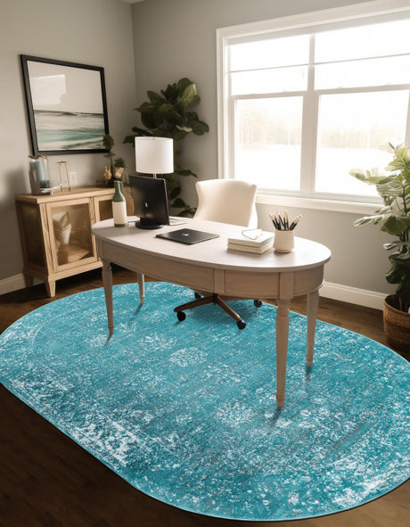 Turquoise 5' 3 x 8' Sofia Oval Area Rug Durable Easy Clean Stain Resistant Unique Carpet for Affordable Interior Home Design for Sale at Rug Engine