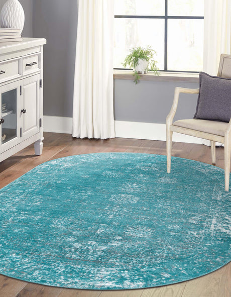 Turquoise 5' 3 x 8' Sofia Oval Area Rug Durable Easy Clean Stain Resistant Unique Carpet for Affordable Interior Home Design for Sale at Rug Engine