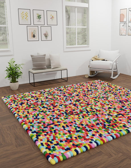 Multicolor 10' x 10' Felt Ball Square Area Rug Stunning All Natural 100% Wool Luxury Hand Woven Carpet for Modern Home Interiors Soft Touch Marshmallow Rug for Sale at Rug Engine