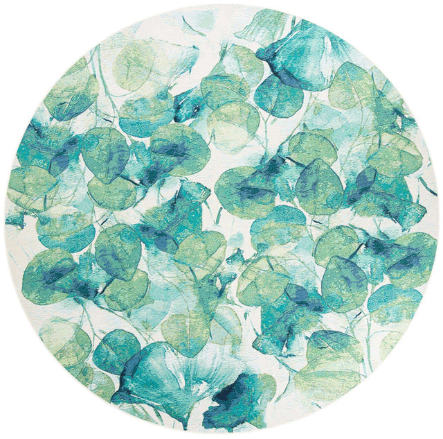 Blue Green 10' x 10' Outdoor Botanical Round Area Rug Weather Resistant for Patio, Deck, Terrace, Balcony, Porch Polypropylene Garden Floral Tropical Carpet for Sale at Rug Engine