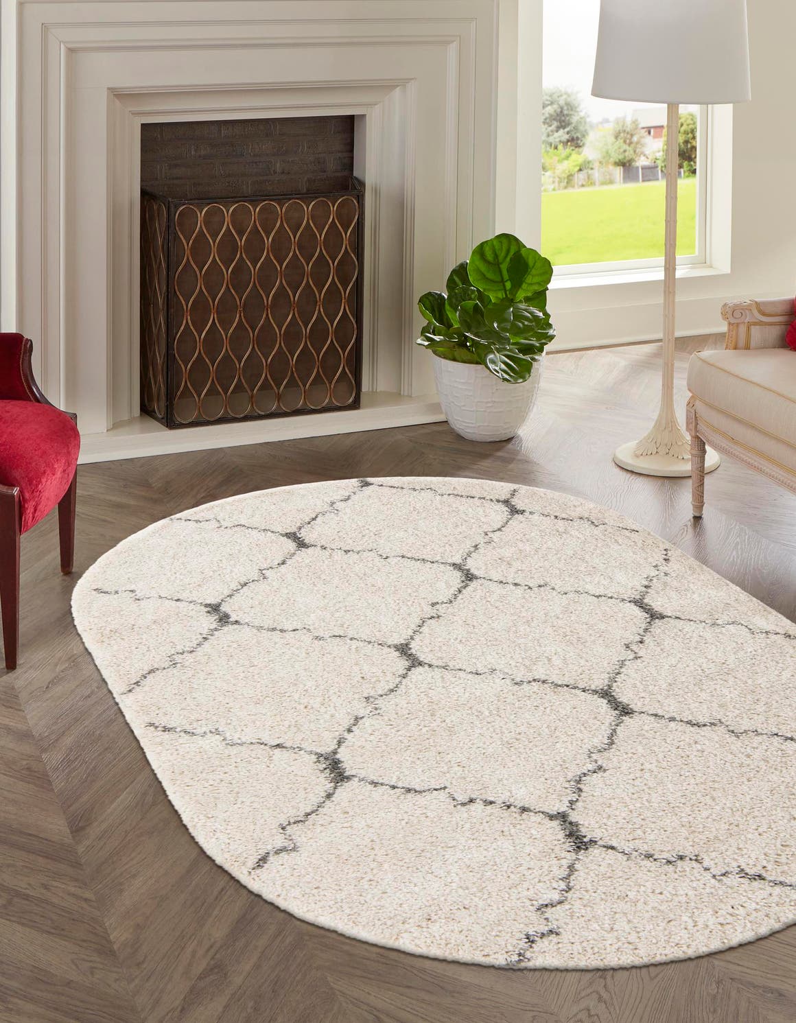 Ivory 5' 3 x 8' Rabat Shag Oval Area Rug Thick Soft Touch Fluffy & Plush Shaggy Pile Durable Geometric Carpet for Luxury Interior Design for Sale at Rug Engine