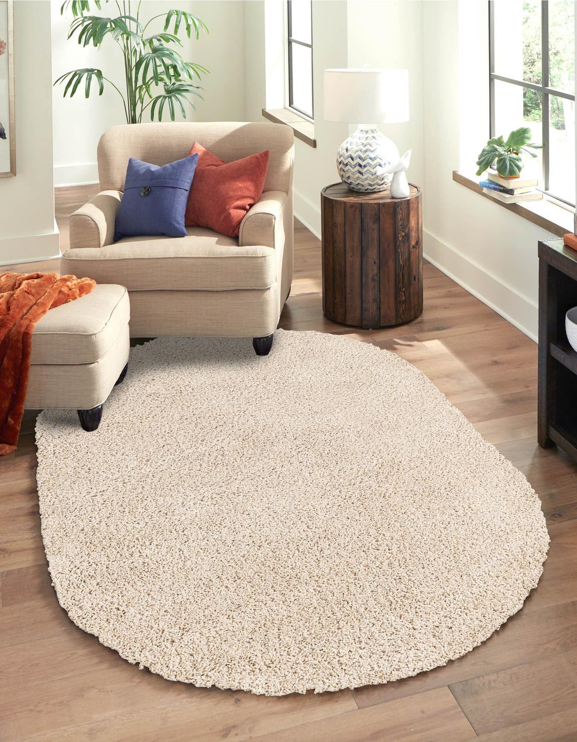 Oatmeal Beige 5' 3 x 8' Soft Solid Shag Oval Area Rug Thick Soft Touch Fluffy & Plush Shaggy Pile 100% Polypropylene Minimalist Carpet for Modern Home Interiors for Sale at Rug Engine