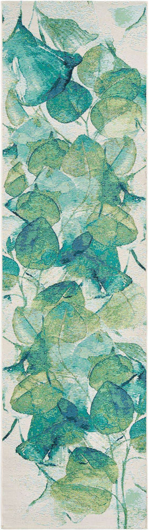 Blue Green 2' 7 x 10' Outdoor Botanical Runner Area Rug Weather Resistant for Patio, Deck, Terrace, Balcony, Porch