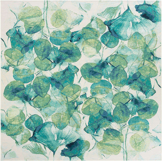 Blue Green 10' x 10' Outdoor Botanical Square Area Rug Weather Resistant for Patio, Deck, Terrace, Balcony, Porch Polypropylene Garden Floral Tropical Carpet for Sale at Rug Engine
