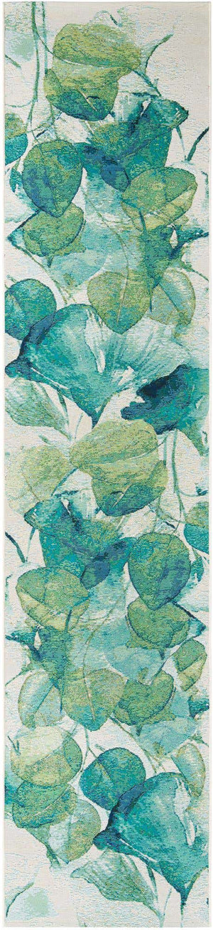 Blue Green 2' 7 x 12' Outdoor Botanical Runner Area Rug Weather Resistant for Patio, Deck, Terrace, Balcony, Porch Polypropylene Garden Floral Tropical Carpet for Sale at Rug Engine