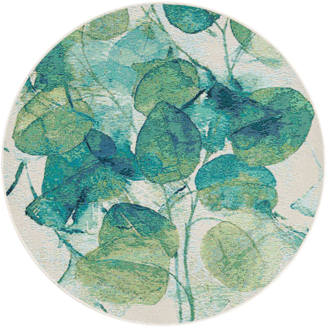 Blue Green 4' 1 x 4' 1 Outdoor Botanical Round Area Rug Weather Resistant for Patio, Deck, Terrace, Balcony, Porch Polypropylene Garden Floral Tropical Carpet for Sale at Rug Engine