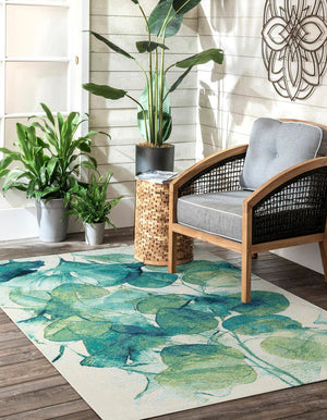 Blue Green 4' 1 x 6' 1 Outdoor Botanical Rectangle Area Rug Weather Resistant for Patio, Deck, Terrace, Balcony, Porch Polypropylene Garden Floral Tropical Carpet for Sale at Rug Engine