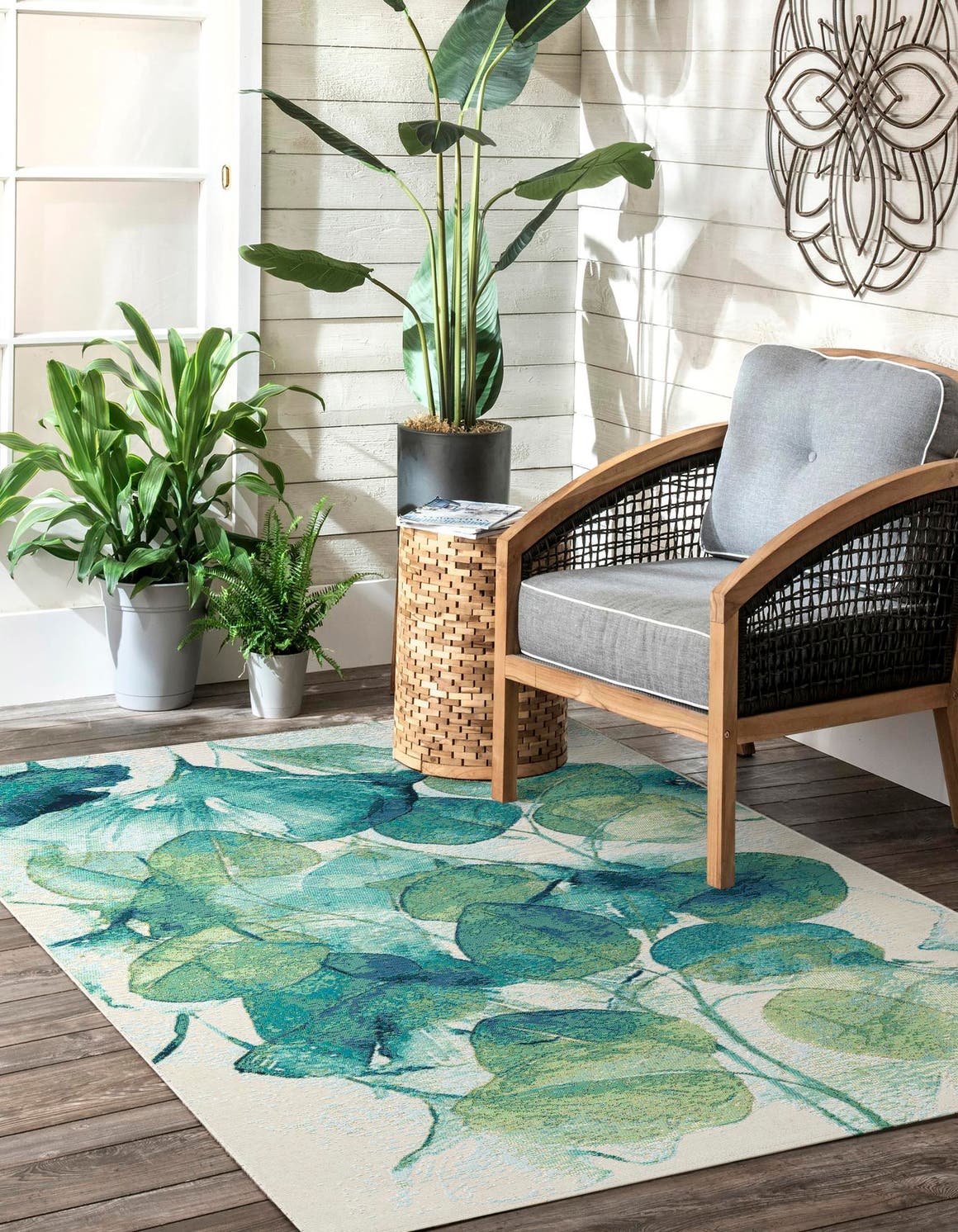 Blue Green 9' x 12' Outdoor Botanical Rectangle Area Rug Weather Resistant for Patio, Deck, Terrace, Balcony, Porch Polypropylene Garden Floral Tropical Carpet for Sale at Rug Engine