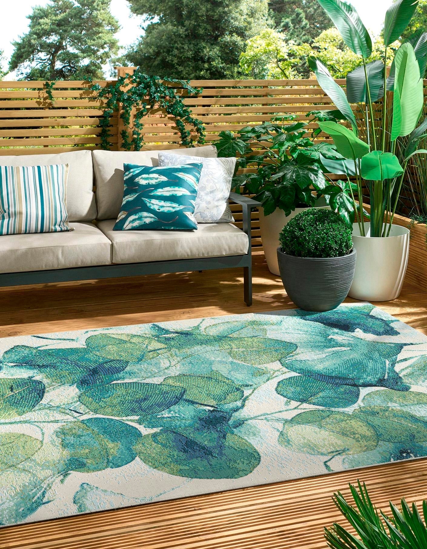 Blue Green 6' 1 x 9' Outdoor Botanical Rectangle Area Rug Weather Resistant for Patio, Deck, Terrace, Balcony, Porch Polypropylene Garden Floral Tropical Carpet for Sale at Rug Engine