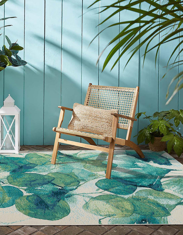 Blue Green 9' x 12' Outdoor Botanical Rectangle Area Rug Weather Resistant for Patio, Deck, Terrace, Balcony, Porch Polypropylene Garden Floral Tropical Carpet for Sale at Rug Engine