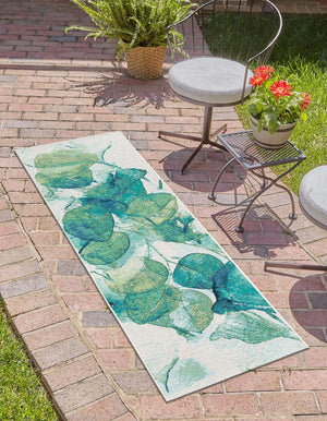 Blue Green 2' x 5' 1 Outdoor Botanical Runner Area Rug Weather Resistant for Patio, Deck, Terrace, Balcony, Porch Polypropylene Garden Floral Tropical Carpet for Sale at Rug Engine
