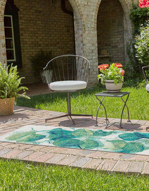 Blue Green 2' 7 x 12' Outdoor Botanical Runner Area Rug Weather Resistant for Patio, Deck, Terrace, Balcony, Porch Polypropylene Garden Floral Tropical Carpet for Sale at Rug Engine