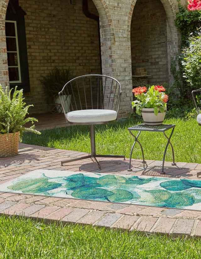 Blue Green 2' x 5' 1 Outdoor Botanical Runner Area Rug Weather Resistant for Patio, Deck, Terrace, Balcony, Porch Polypropylene Garden Floral Tropical Carpet for Sale at Rug Engine