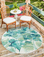 Blue Green 4' 1 x 4' 1 Outdoor Botanical Round Area Rug Weather Resistant for Patio, Deck, Terrace, Balcony, Porch Polypropylene Garden Floral Tropical Carpet for Sale at Rug Engine