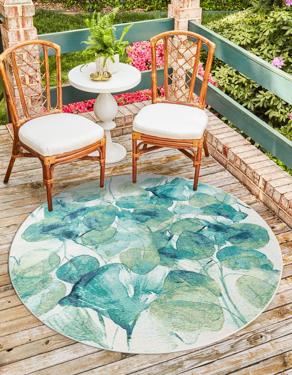 Blue Green 10' x 10' Outdoor Botanical Round Area Rug Weather Resistant for Patio, Deck, Terrace, Balcony, Porch Polypropylene Garden Floral Tropical Carpet for Sale at Rug Engine