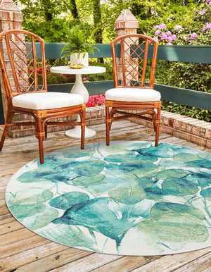 Blue Green 4' 1 x 4' 1 Outdoor Botanical Round Area Rug Weather Resistant for Patio, Deck, Terrace, Balcony, Porch Polypropylene Garden Floral Tropical Carpet for Sale at Rug Engine