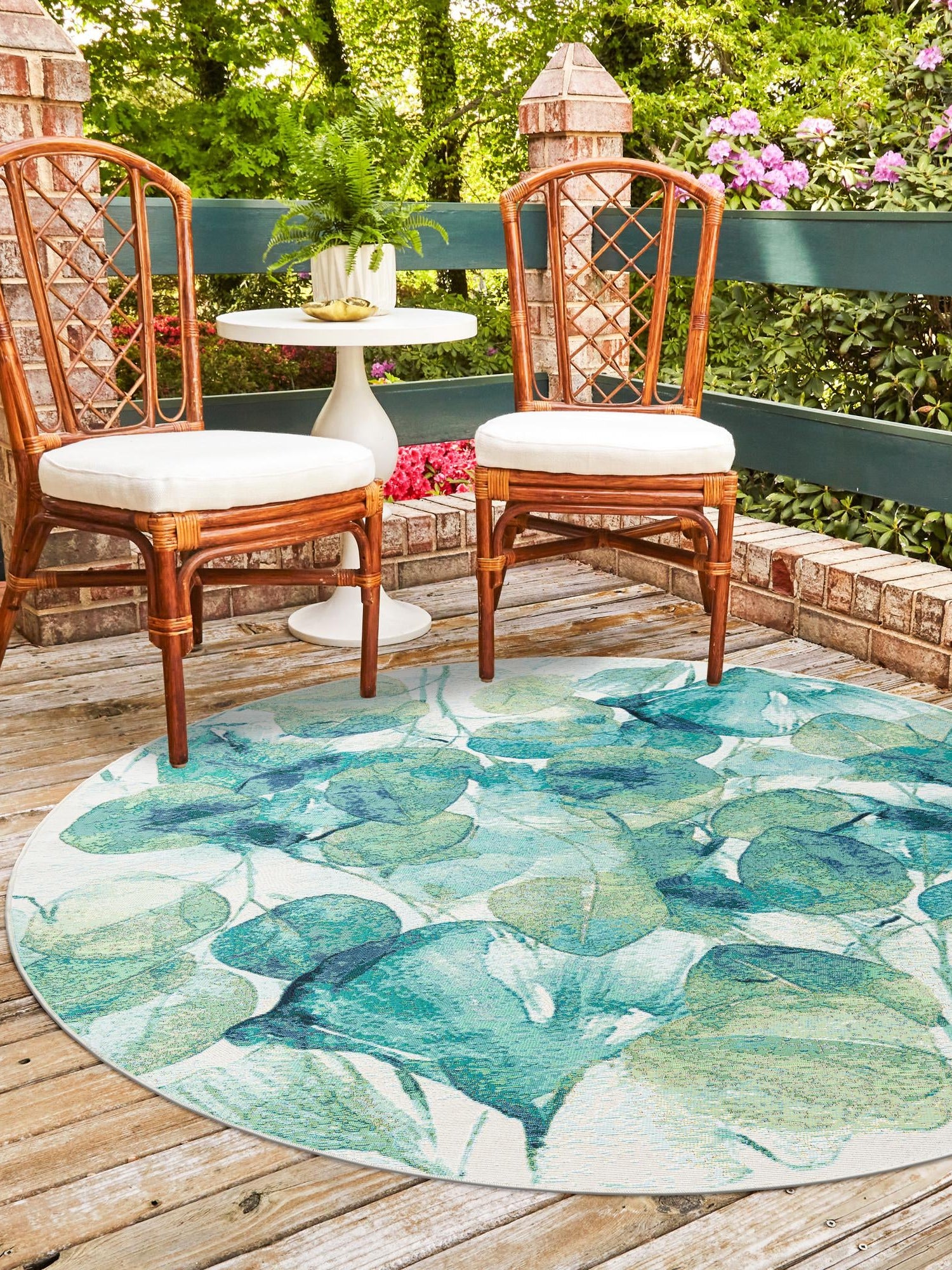 Blue Green 7' 10 x 7' 10 Outdoor Botanical Round Area Rug Weather Resistant for Patio, Deck, Terrace, Balcony, Porch Polypropylene Garden Floral Tropical Carpet for Sale at Rug Engine