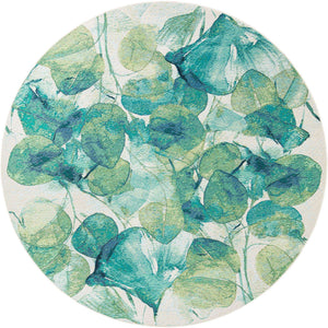 Blue Green 7' 10 x 7' 10 Outdoor Botanical Round Area Rug Weather Resistant for Patio, Deck, Terrace, Balcony, Porch Polypropylene Garden Floral Tropical Carpet for Sale at Rug Engine