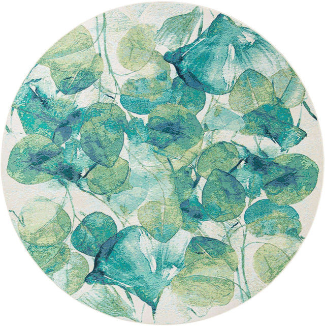 Blue Green 7' 10 x 7' 10 Outdoor Botanical Round Area Rug Weather Resistant for Patio, Deck, Terrace, Balcony, Porch Polypropylene Garden Floral Tropical Carpet for Sale at Rug Engine