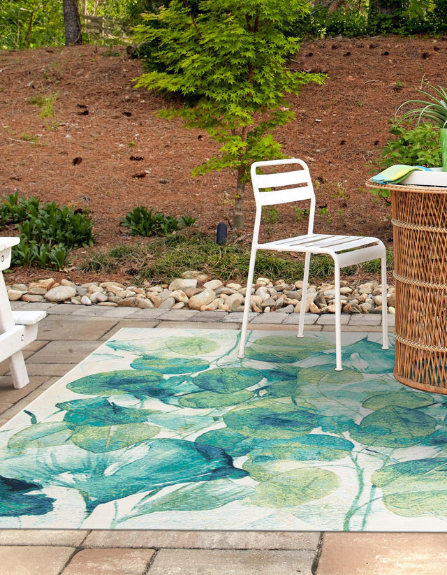 Blue Green 10' x 10' Outdoor Botanical Square Area Rug Weather Resistant for Patio, Deck, Terrace, Balcony, Porch Polypropylene Garden Floral Tropical Carpet for Sale at Rug Engine