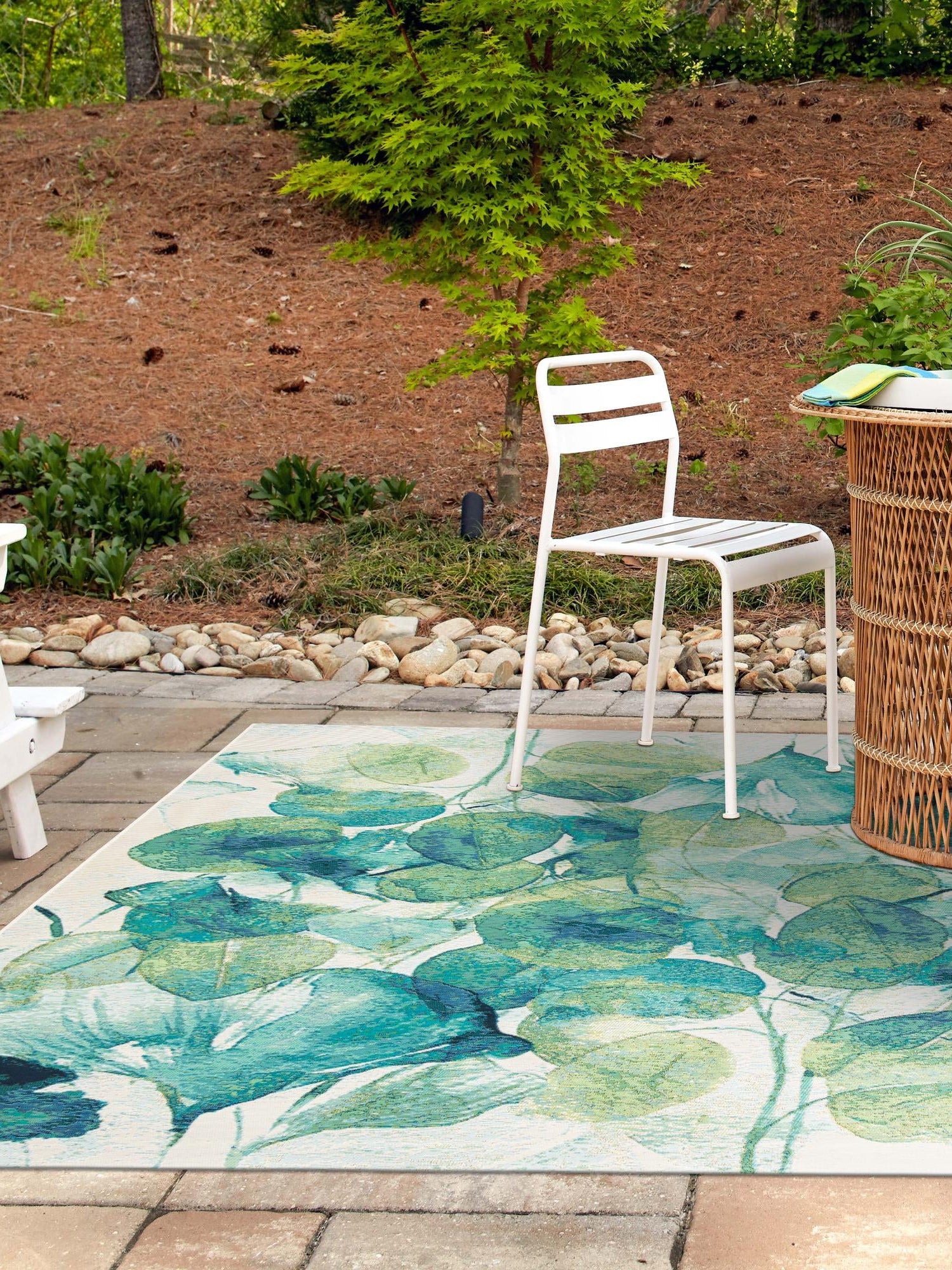 Blue Green 7' 10 x 7' 10 Outdoor Botanical Square Area Rug Weather Resistant for Patio, Deck, Terrace, Balcony, Porch Polypropylene Garden Floral Tropical Carpet for Sale at Rug Engine