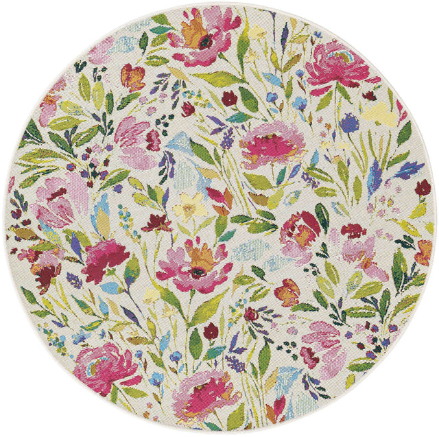 Multicolor 4' 1 x 4' 1 Outdoor Botanical Round Area Rug Weather Resistant for Patio, Deck, Terrace, Balcony, Porch Polypropylene Garden Floral Tropical Carpet for Sale at Rug Engine