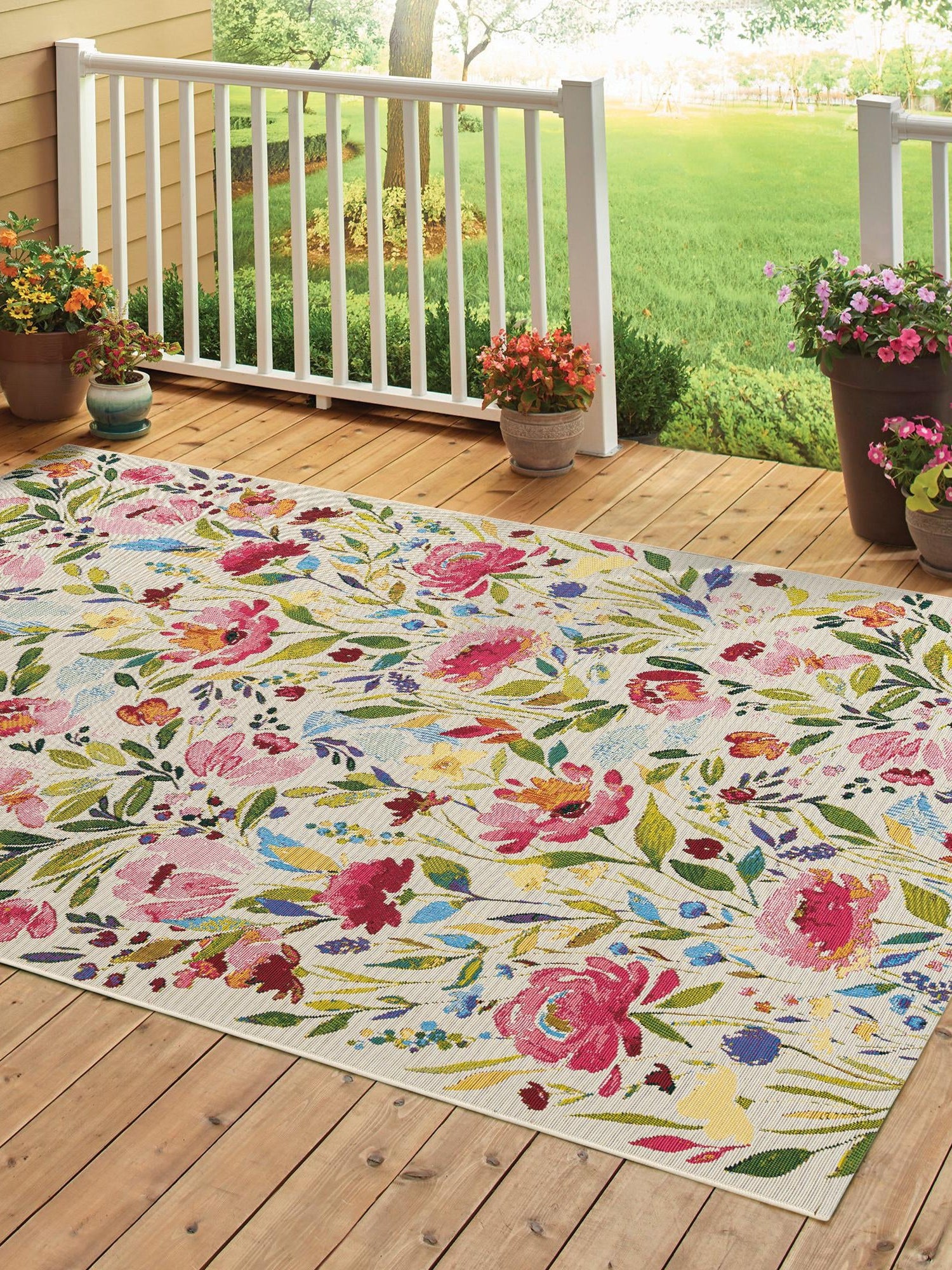 Multicolor 7' 10 x 10' Outdoor Botanical Rectangle Area Rug Weather Resistant for Patio, Deck, Terrace, Balcony, Porch Polypropylene Garden Floral Tropical Carpet for Sale at Rug Engine