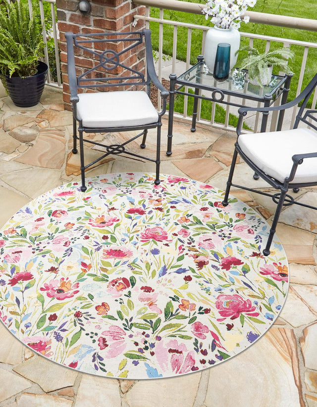 Multicolor 10' x 10' Outdoor Botanical Round Area Rug Weather Resistant for Patio, Deck, Terrace, Balcony, Porch Polypropylene Garden Floral Tropical Carpet for Sale at Rug Engine