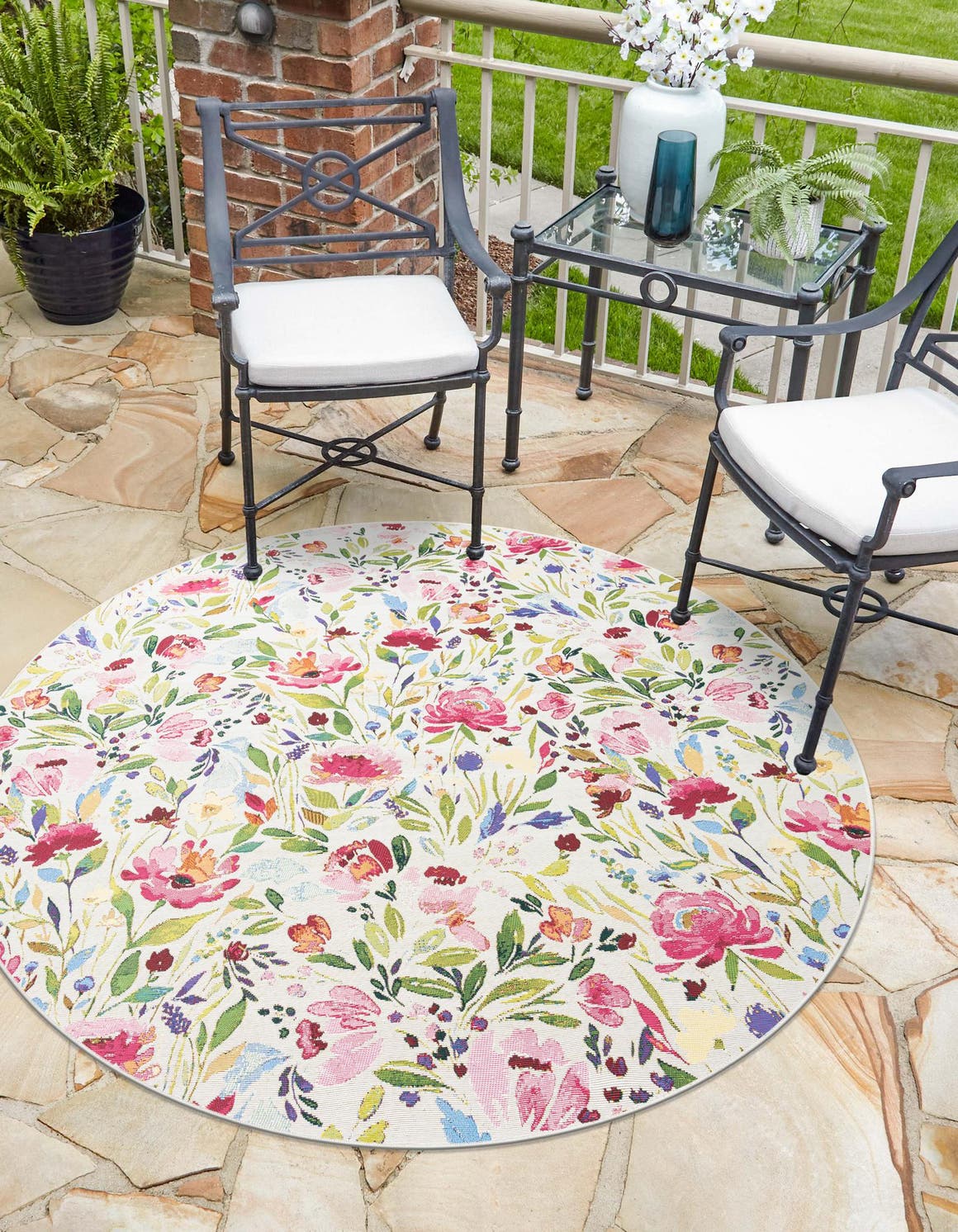 Multicolor 7' 10 x 7' 10 Outdoor Botanical Round Area Rug Weather Resistant for Patio, Deck, Terrace, Balcony, Porch Polypropylene Garden Floral Tropical Carpet for Sale at Rug Engine