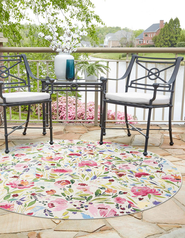 Multicolor 7' 10 x 7' 10 Outdoor Botanical Round Area Rug Weather Resistant for Patio, Deck, Terrace, Balcony, Porch Polypropylene Garden Floral Tropical Carpet for Sale at Rug Engine