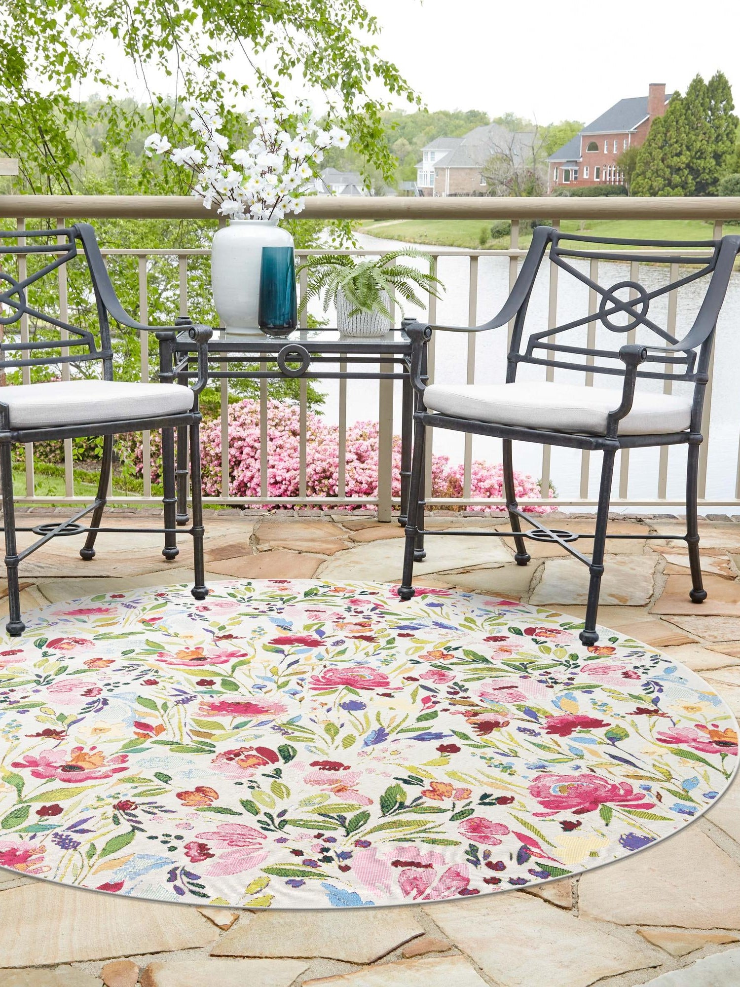 Multicolor 10' x 10' Outdoor Botanical Round Area Rug Weather Resistant for Patio, Deck, Terrace, Balcony, Porch Polypropylene Garden Floral Tropical Carpet for Sale at Rug Engine