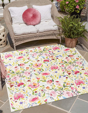 Multicolor 7' 10 x 7' 10 Outdoor Botanical Square Area Rug Weather Resistant for Patio, Deck, Terrace, Balcony, Porch Polypropylene Garden Floral Tropical Carpet for Sale at Rug Engine