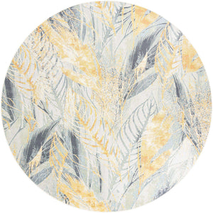 Gray Ivory Yellow 10' x 10' Outdoor Botanical Round Area Rug Weather Resistant for Patio, Deck, Terrace, Balcony, Porch Polypropylene Garden Floral Tropical Carpet for Sale at Rug Engine