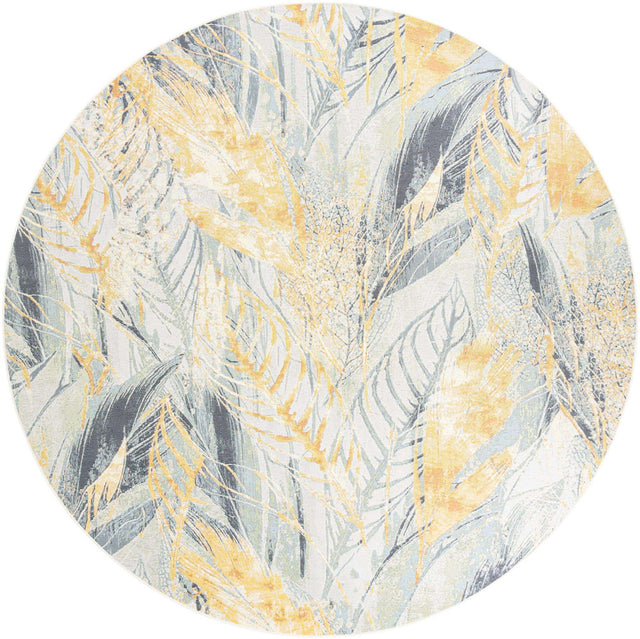 Gray Ivory Yellow 10' x 10' Outdoor Botanical Round Area Rug Weather Resistant for Patio, Deck, Terrace, Balcony, Porch Polypropylene Garden Floral Tropical Carpet for Sale at Rug Engine