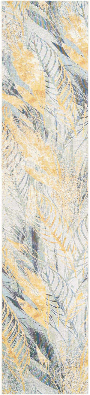 Gray Ivory Yellow 2' 7 x 12' Outdoor Botanical Runner Area Rug Weather Resistant for Patio, Deck, Terrace, Balcony, Porch Polypropylene Garden Floral Tropical Carpet for Sale at Rug Engine