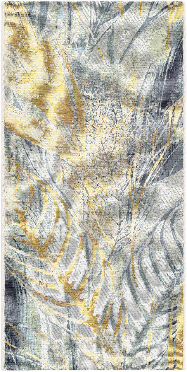 Gray Ivory Yellow 2' x 4' 1 Outdoor Botanical Runner Area Rug Weather Resistant for Patio, Deck, Terrace, Balcony, Porch Polypropylene Garden Floral Tropical Carpet for Sale at Rug Engine