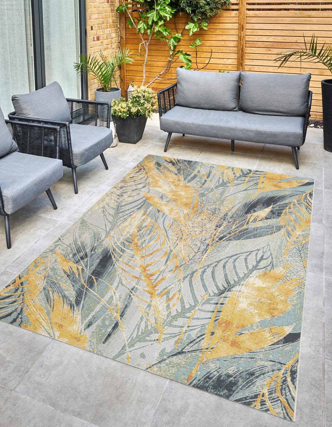 Gray Ivory Yellow 6' 1 x 9' Outdoor Botanical Rectangle Area Rug Weather Resistant for Patio, Deck, Terrace, Balcony, Porch Polypropylene Garden Floral Tropical Carpet for Sale at Rug Engine
