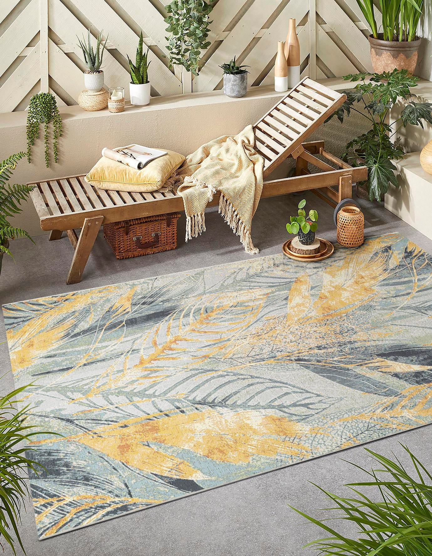Gray Ivory Yellow 6' 1 x 9' Outdoor Botanical Rectangle Area Rug Weather Resistant for Patio, Deck, Terrace, Balcony, Porch Polypropylene Garden Floral Tropical Carpet for Sale at Rug Engine