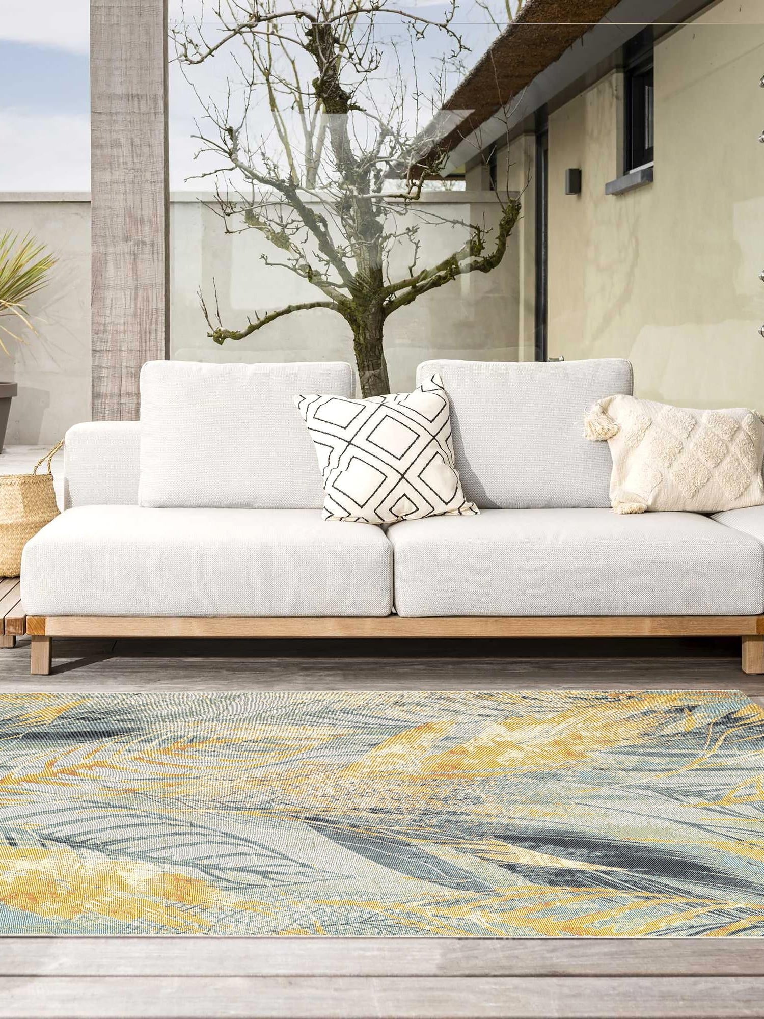Gray Ivory Yellow 6' 1 x 9' Outdoor Botanical Rectangle Area Rug Weather Resistant for Patio, Deck, Terrace, Balcony, Porch Polypropylene Garden Floral Tropical Carpet for Sale at Rug Engine