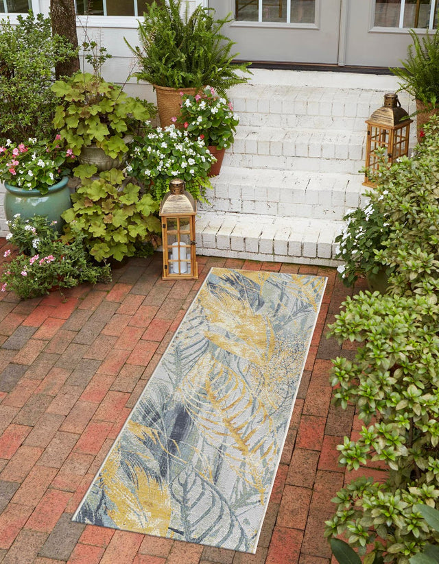 Gray Ivory Yellow 2' x 6' 1 Outdoor Botanical Runner Rug