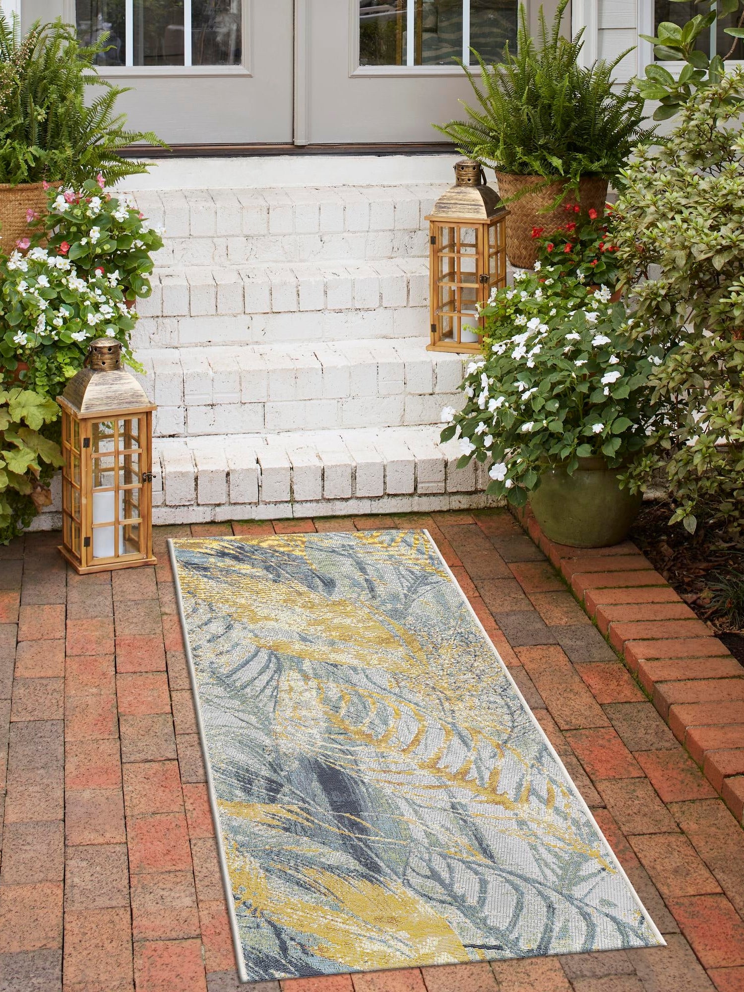 Gray Ivory Yellow 2' x 4' 1 Outdoor Botanical Runner Area Rug Weather Resistant for Patio, Deck, Terrace, Balcony, Porch Polypropylene Garden Floral Tropical Carpet for Sale at Rug Engine