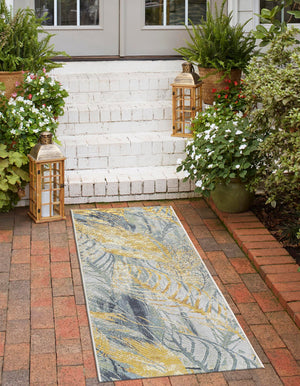 Gray Ivory Yellow 2' x 4' 1 Outdoor Botanical Runner Area Rug Weather Resistant for Patio, Deck, Terrace, Balcony, Porch Polypropylene Garden Floral Tropical Carpet for Sale at Rug Engine