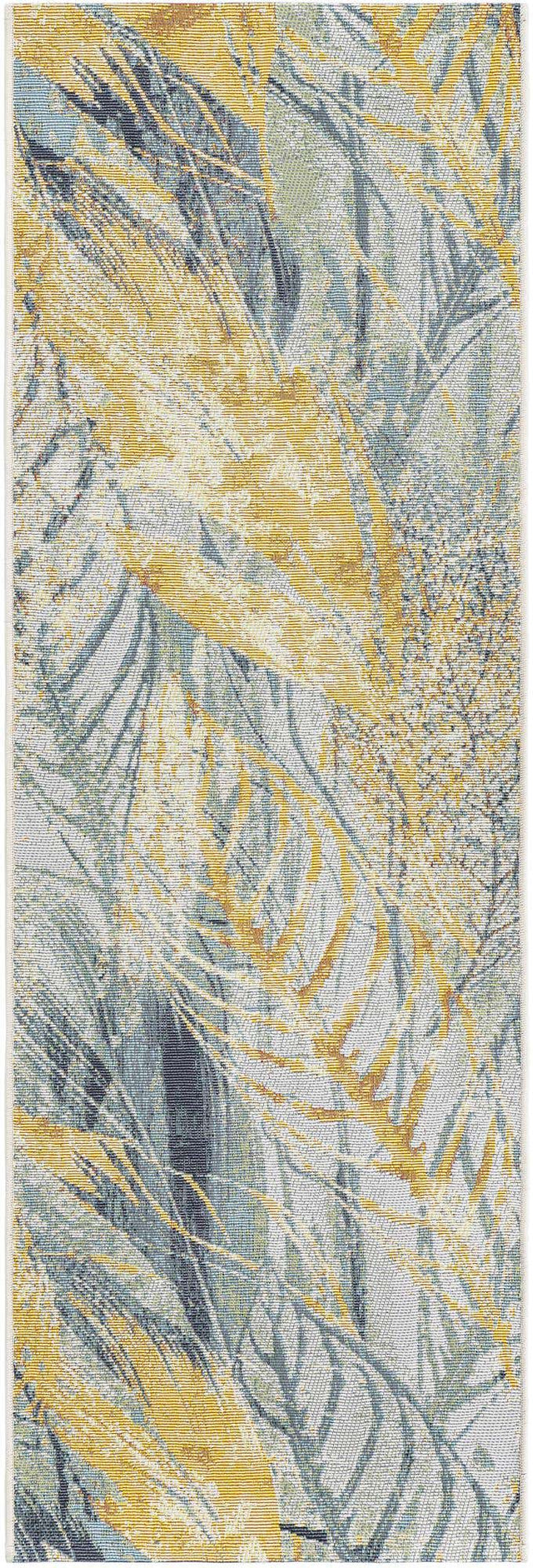 Gray Ivory Yellow 2' x 6' 1 Outdoor Botanical Runner Rug
