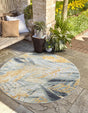 Gray Ivory Yellow 4' 1 x 4' 1 Outdoor Botanical Round Area Rug Weather Resistant for Patio, Deck, Terrace, Balcony, Porch Polypropylene Garden Floral Tropical Carpet for Sale at Rug Engine