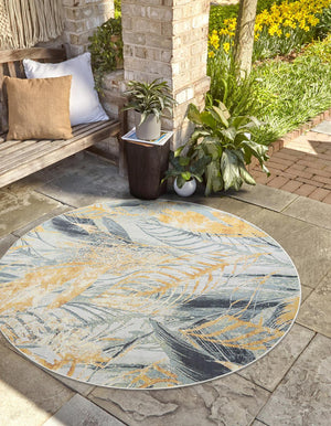 Gray Ivory Yellow 10' x 10' Outdoor Botanical Round Area Rug Weather Resistant for Patio, Deck, Terrace, Balcony, Porch Polypropylene Garden Floral Tropical Carpet for Sale at Rug Engine