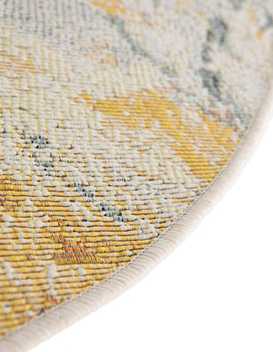 Gray Ivory Yellow 4' 1 x 4' 1 Outdoor Botanical Round Area Rug Weather Resistant for Patio, Deck, Terrace, Balcony, Porch Polypropylene Garden Floral Tropical Carpet for Sale at Rug Engine