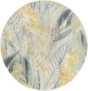 Gray Ivory Yellow 7' 10 x 7' 10 Outdoor Botanical Round Area Rug Weather Resistant for Patio, Deck, Terrace, Balcony, Porch Polypropylene Garden Floral Tropical Carpet for Sale at Rug Engine