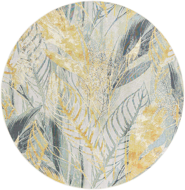 Gray Ivory Yellow 7' 10 x 7' 10 Outdoor Botanical Round Area Rug Weather Resistant for Patio, Deck, Terrace, Balcony, Porch Polypropylene Garden Floral Tropical Carpet for Sale at Rug Engine