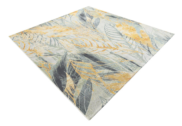 Gray Ivory Yellow 7' 10 x 7' 10 Outdoor Botanical Square Area Rug Weather Resistant for Patio, Deck, Terrace, Balcony, Porch Polypropylene Garden Floral Tropical Carpet for Sale at Rug Engine